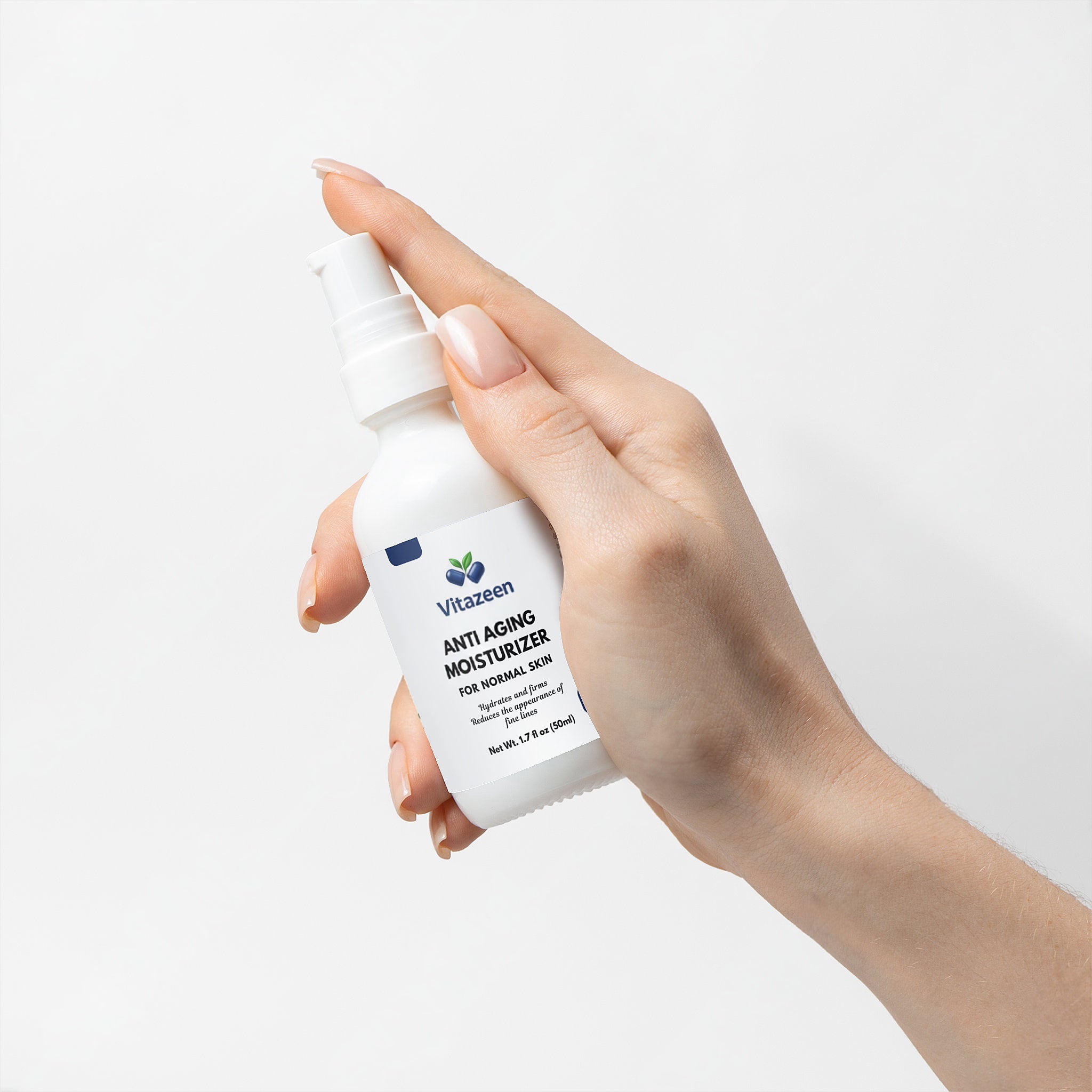 Hand holding a bottle of Vitazeen Anti-Aging Moisturizer against a white background