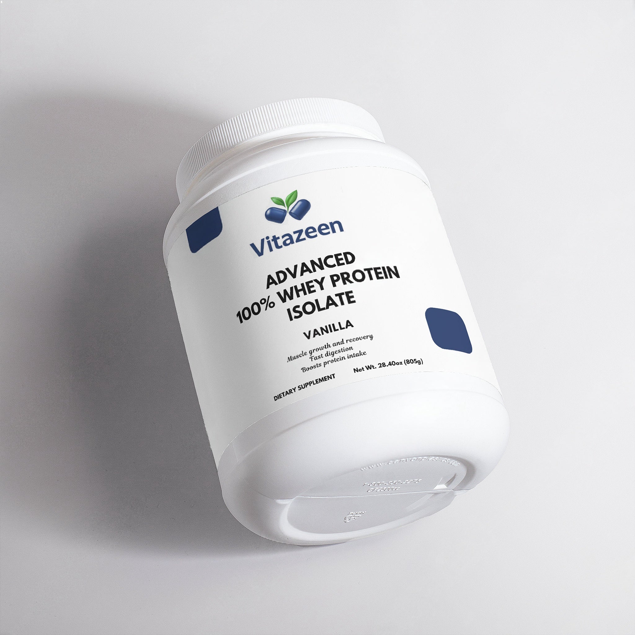 Vitazeen Advanced 100% Whey Protein Isolate container on a light gray background