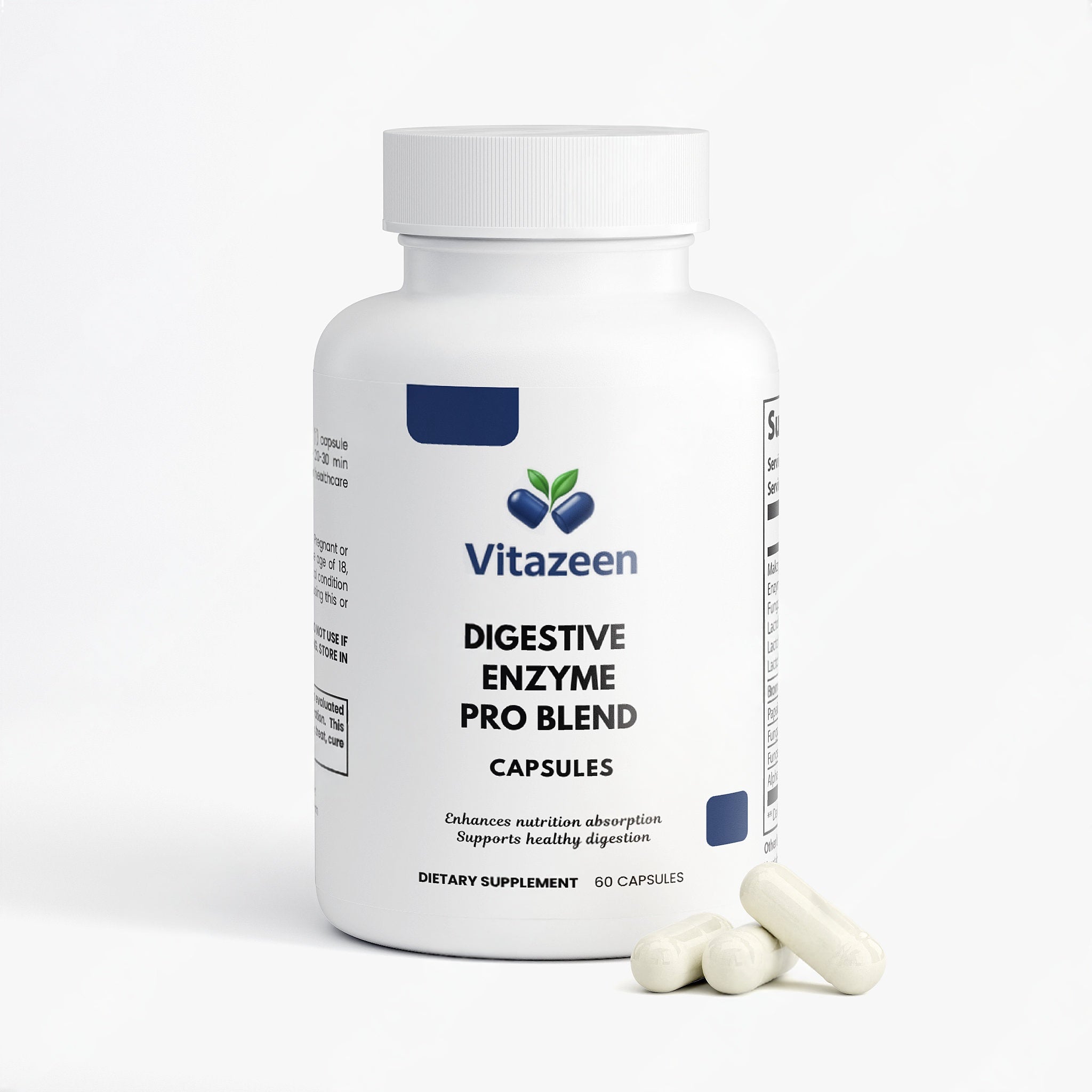 Vitazeen Digestive Enzyme Pro Blend supplement bottle with capsules on a white background