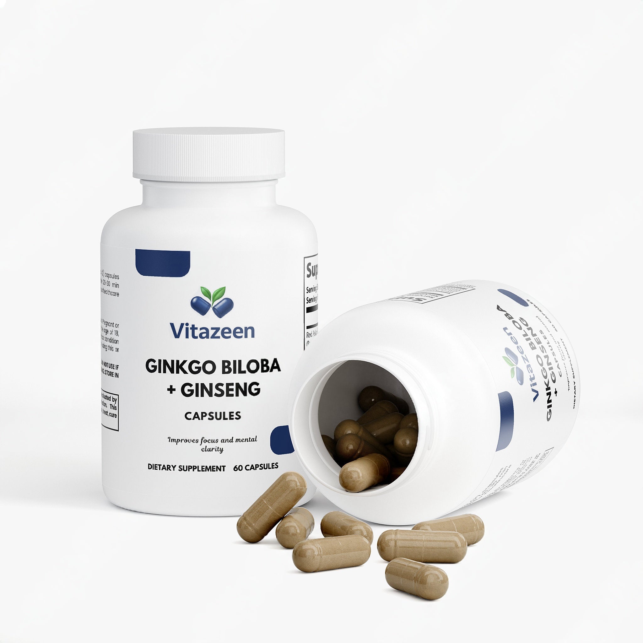 Vitazeen Ginkgo Biloba + Ginseng capsules with open bottle on a white background