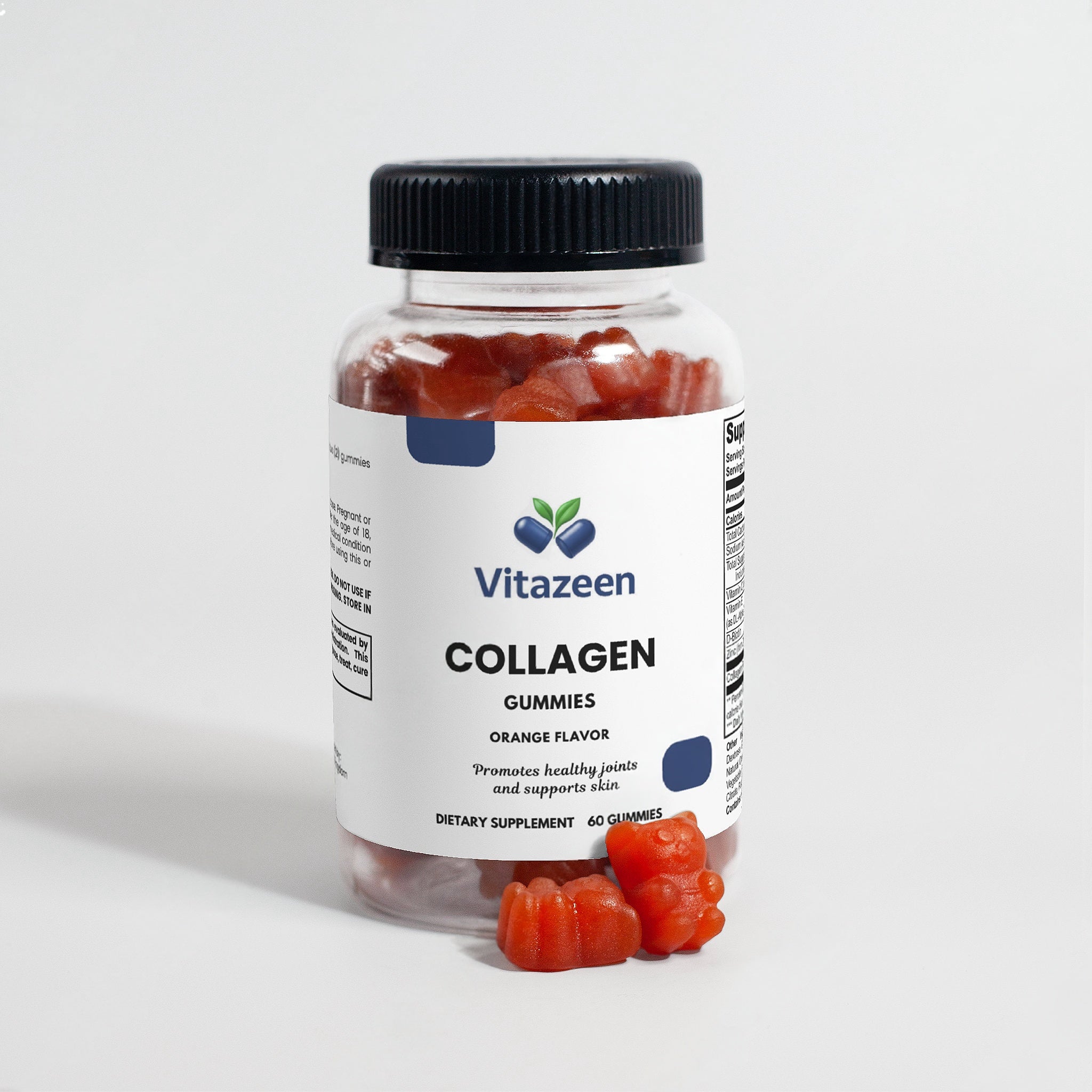 Vitazeen collagen gummies bottle with orange gummies on a white background