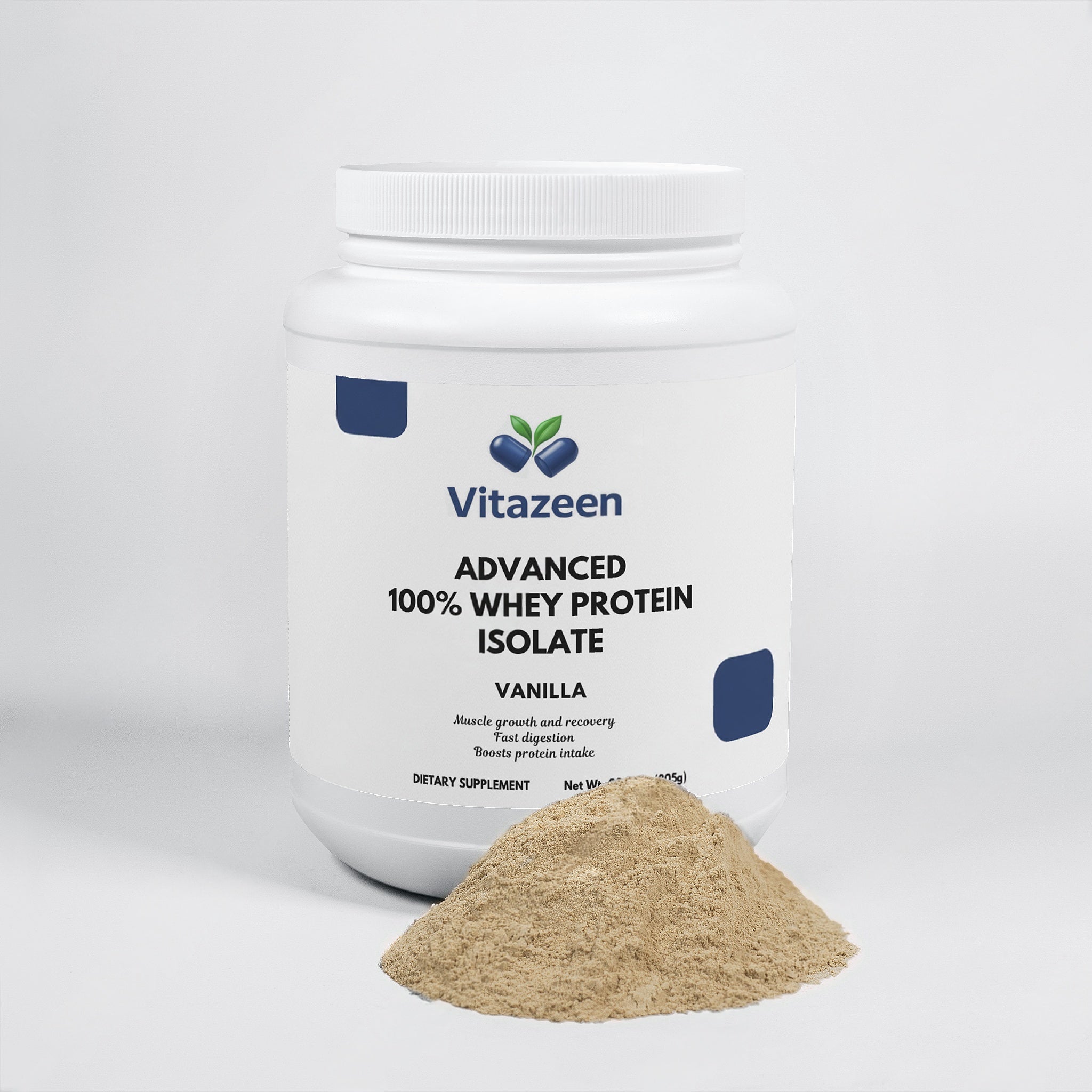 Vitazeen Advanced 100% Whey Protein Isolate container with powder spilling out on a white background