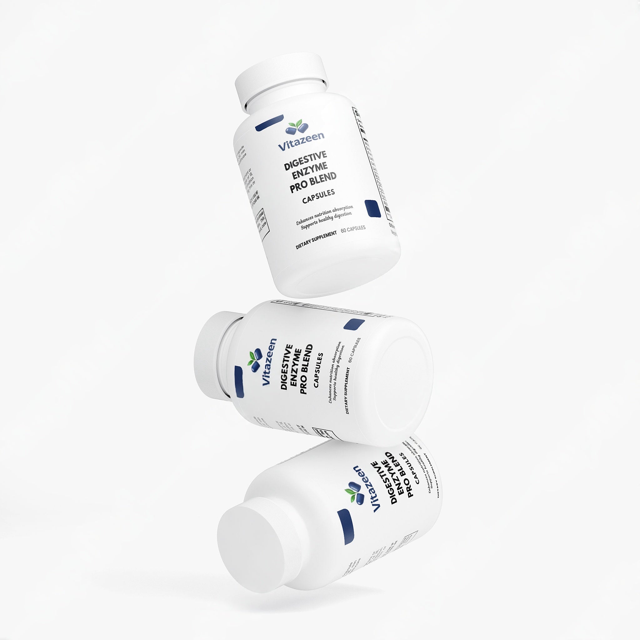 Three bottles of Vitacost digestive enzyme supplement on a white background