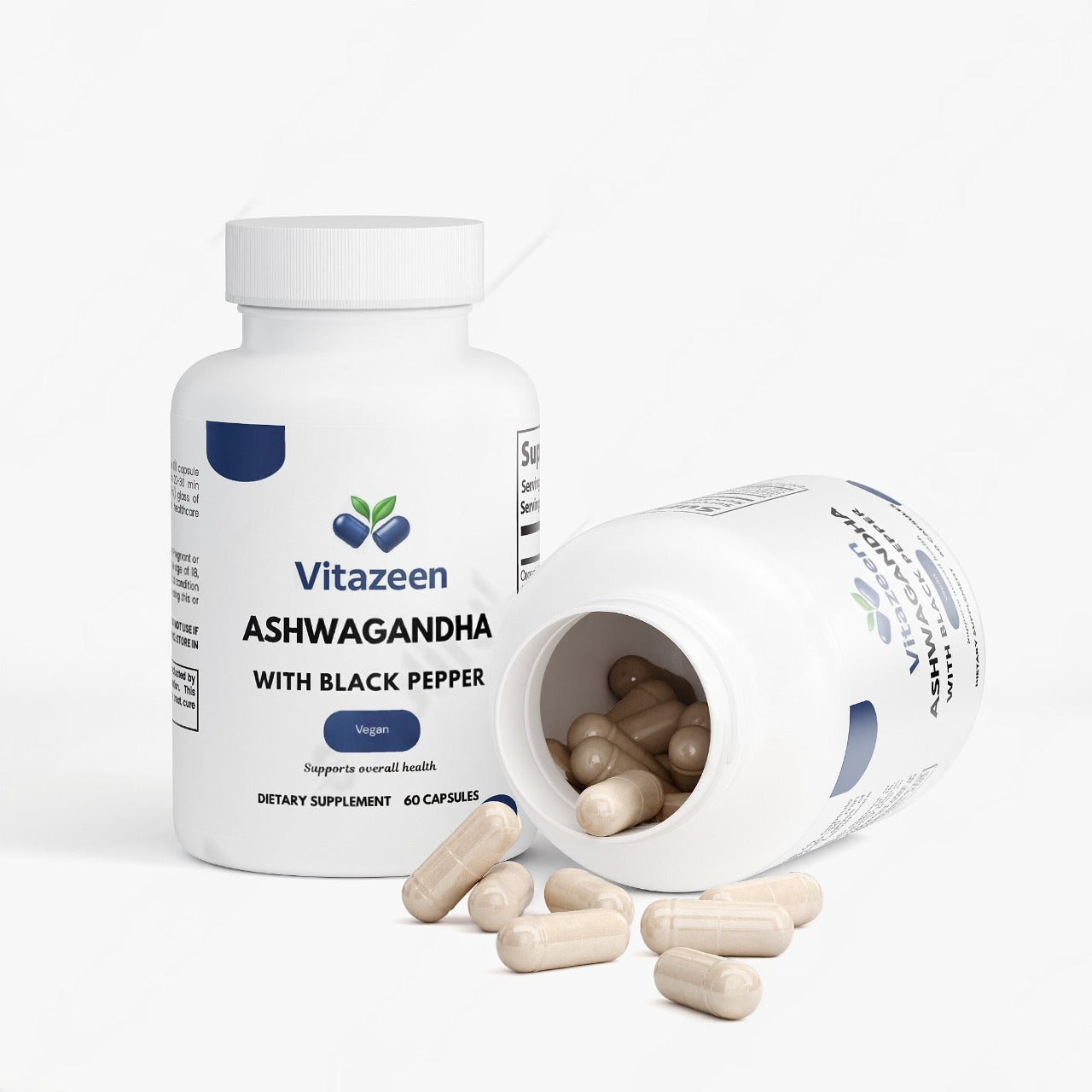 Vitazeen Ashwagandha dietary supplement bottle with open cap showing capsules on a white background