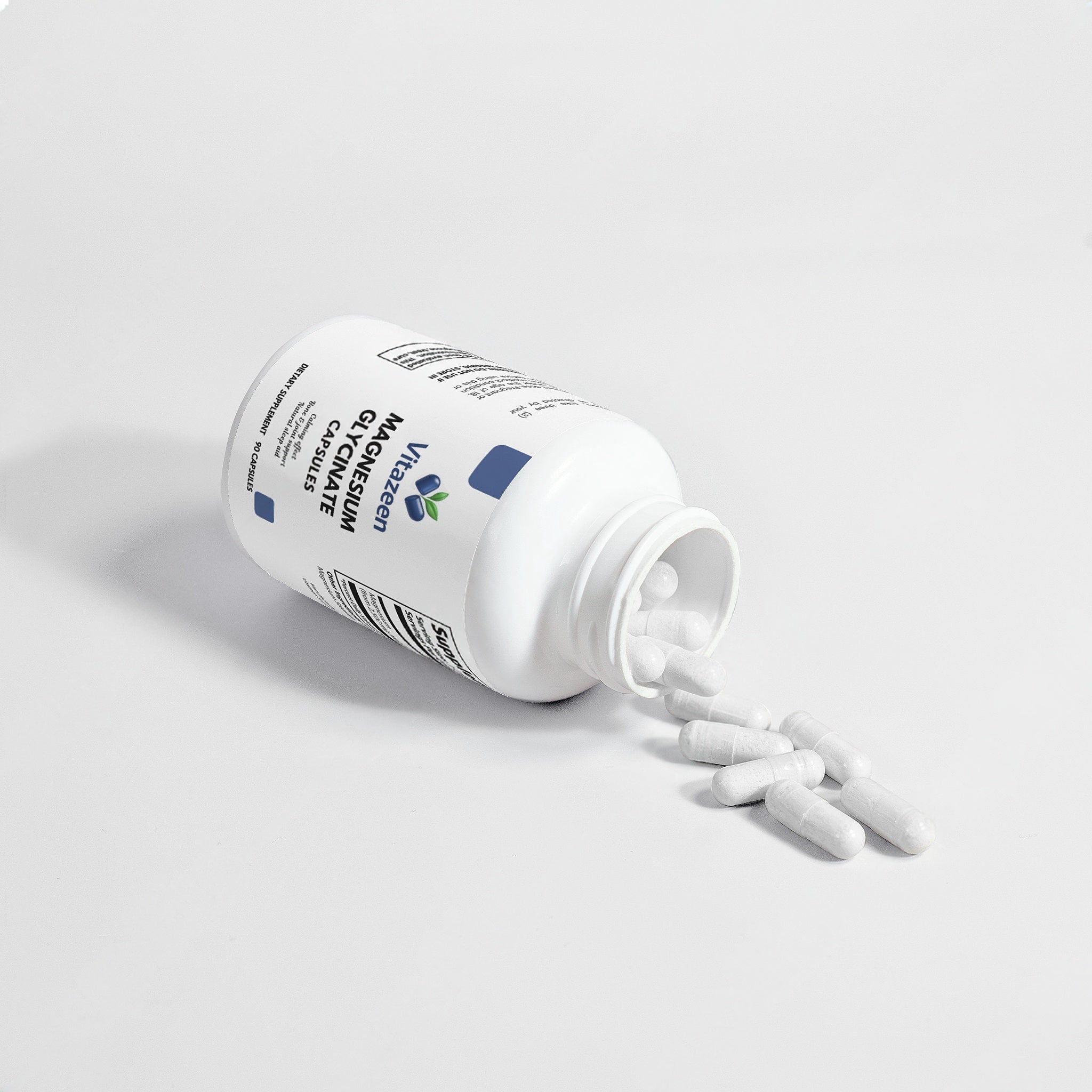Vitacost supplement bottle with white capsules spilling out on a light gray background