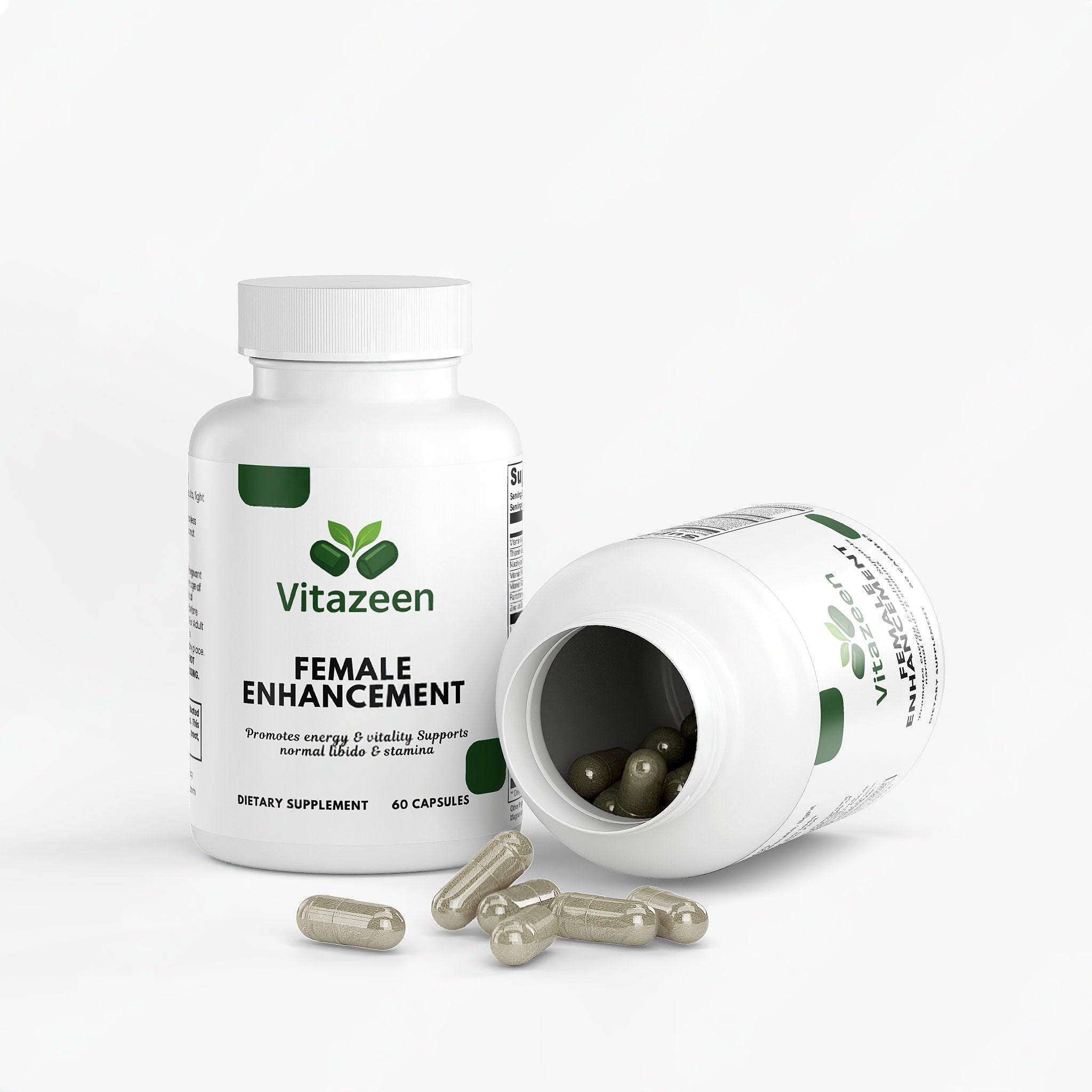 Vitazeen female enhancement supplement bottle with capsules on a white background