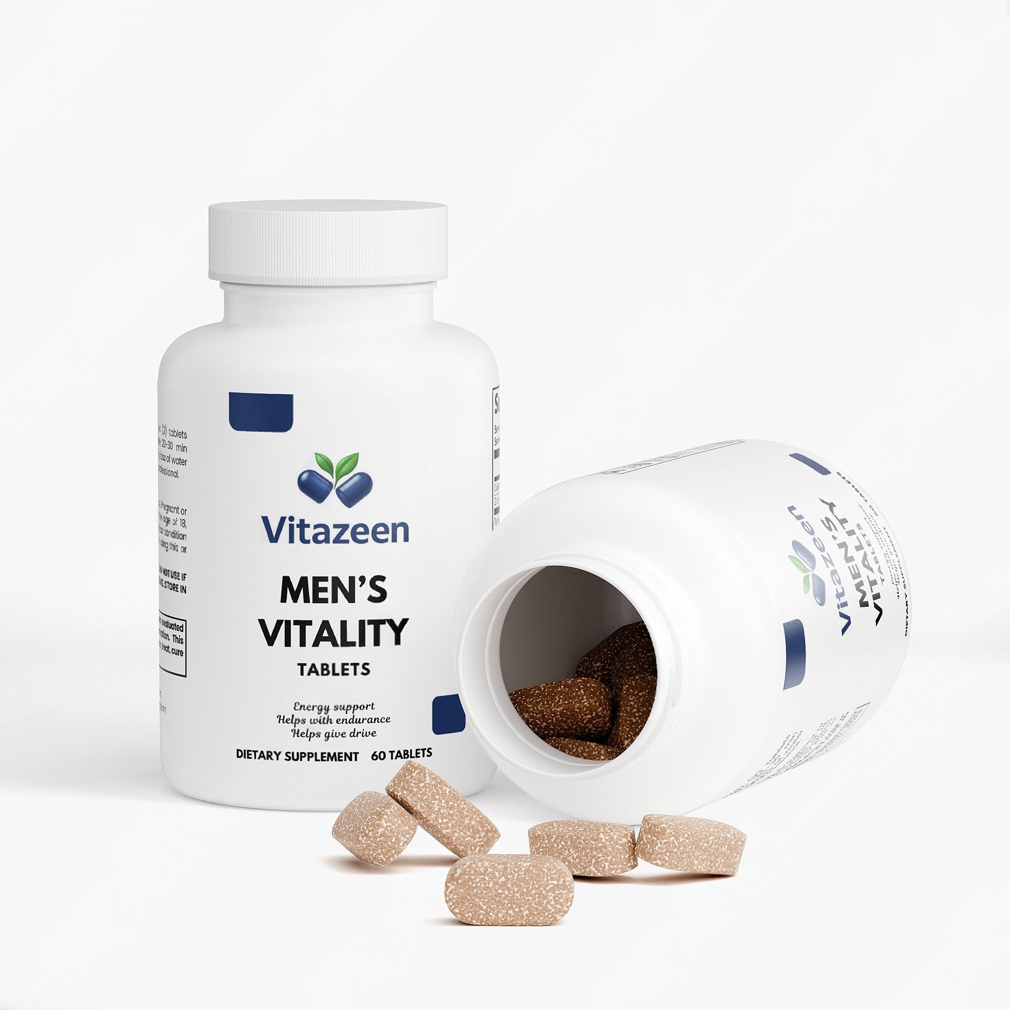 Vitazeen Men's Vitality supplement bottle with open lid showing tablets on a white background