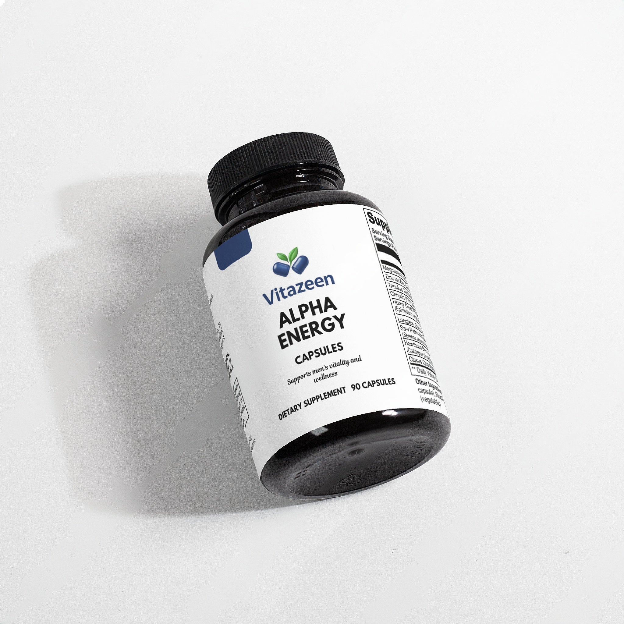 Vitazeen Alpha Energy supplement bottle on a light gray background