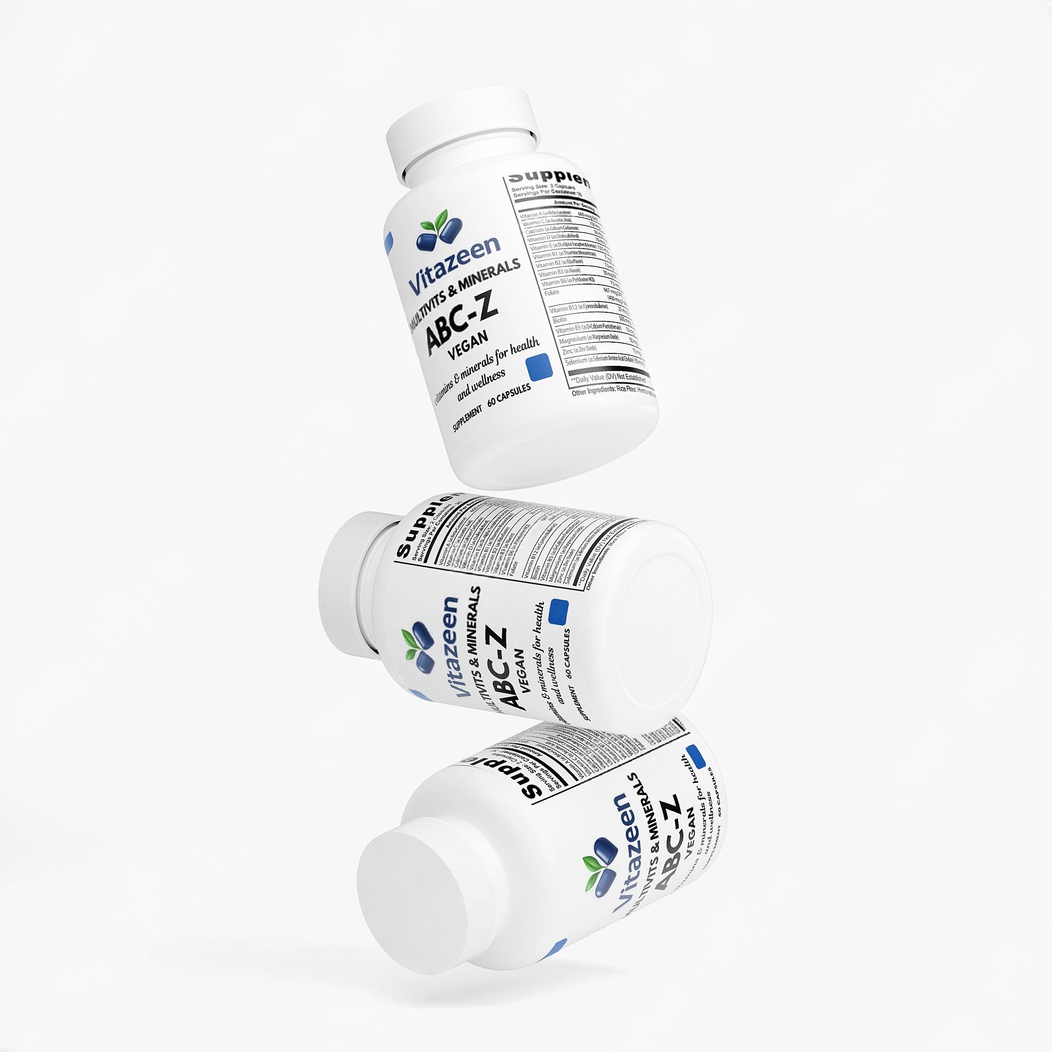 Three bottles of Vitalizeen ABC-Z vitamins on a white background