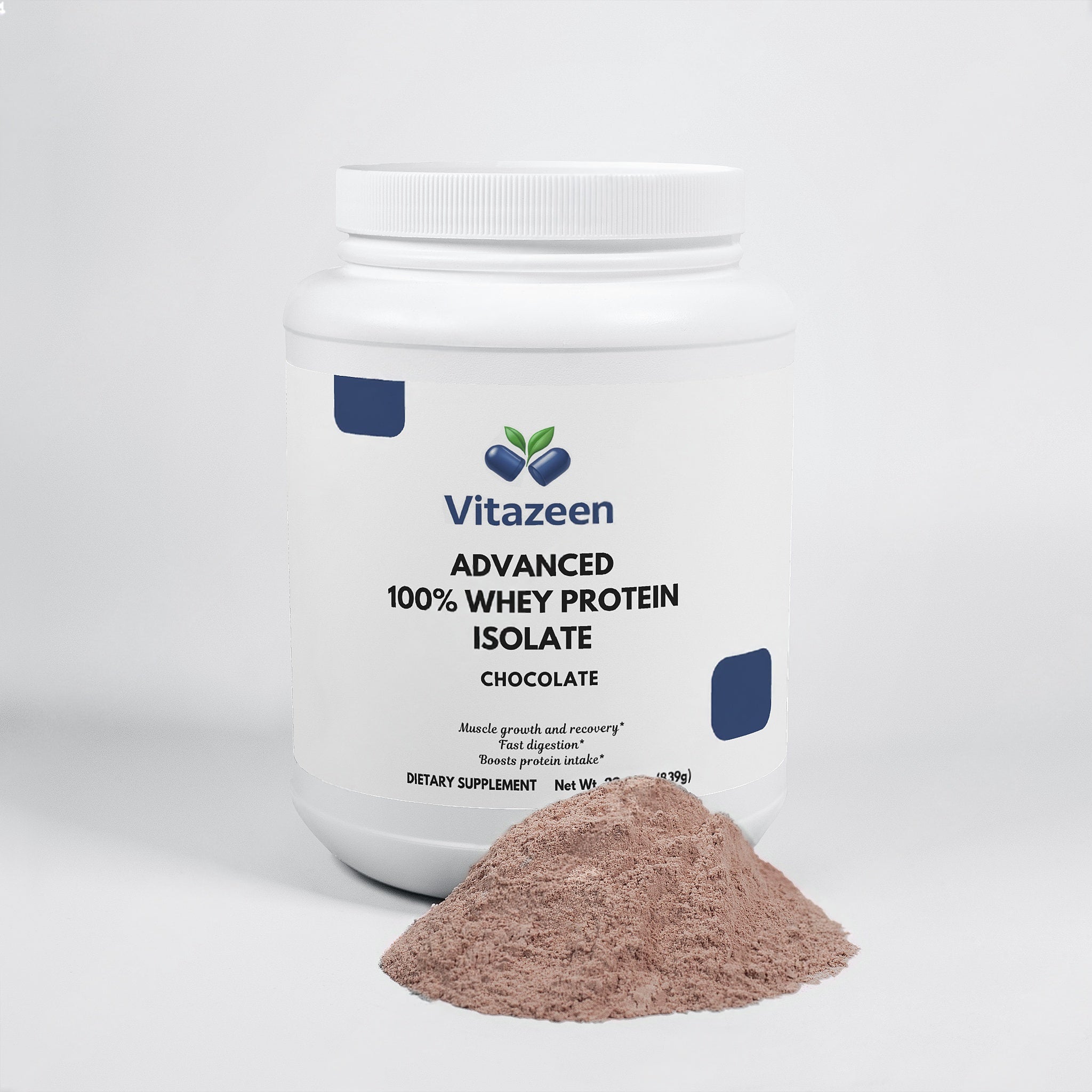 Vitazeen Advanced 100% Whey Protein Isolate container with chocolate powder on a white background